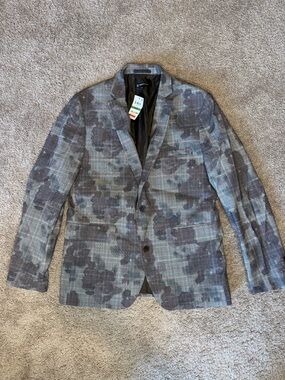 INC International Concepts Gray Plaid Blazer with Subtle Camouflage Print